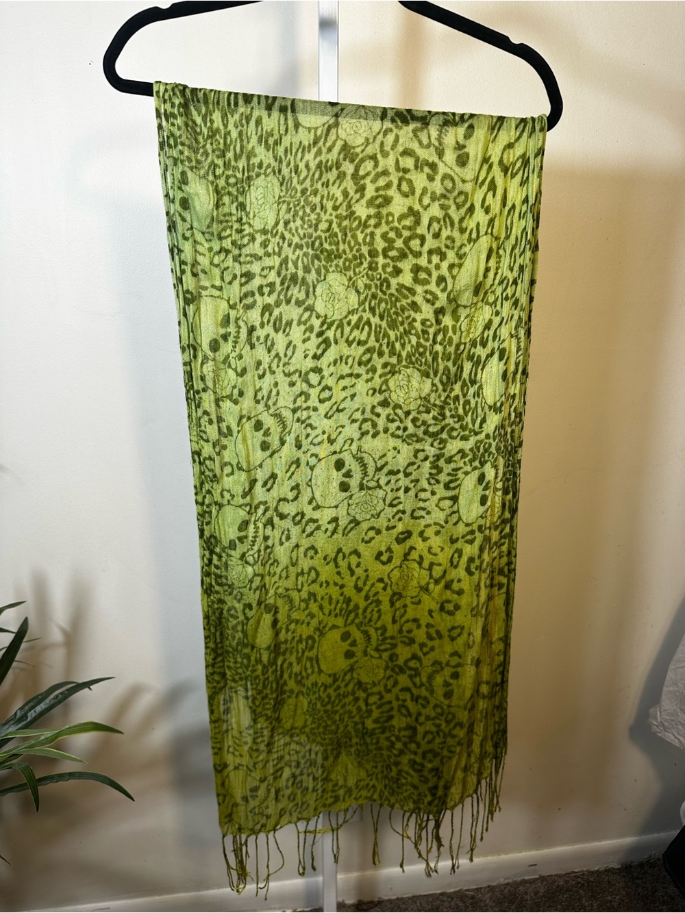 M11. Green Leopard Scarf with Skulls and Roses